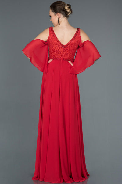  Red Guipure Stone Embroidered Chiffon Evening Dress ABU1152 