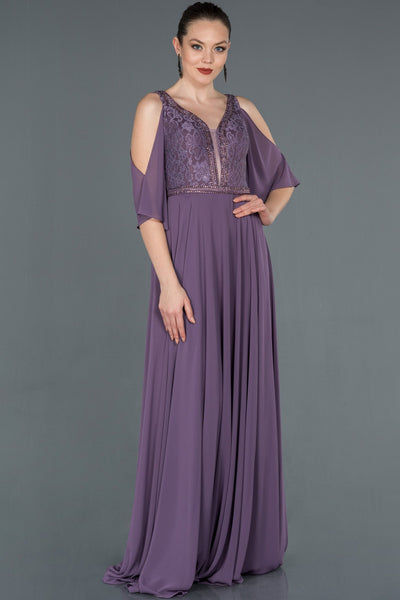  Lilac Guipure Stone Embroidered Chiffon Evening Dress ABU1152 