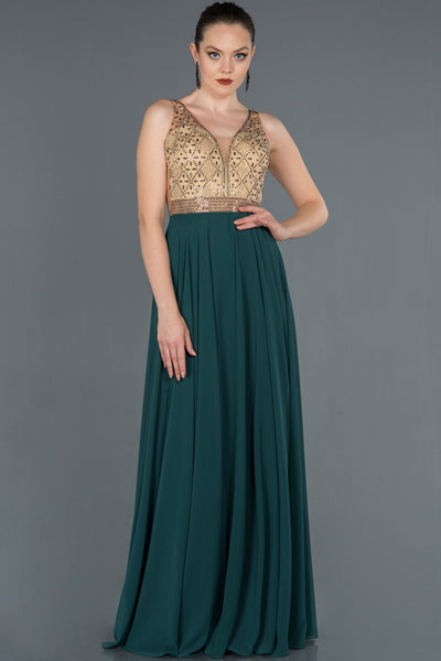 16609 duck green gold stone embroidered tulle chiffon dress