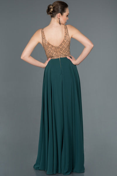 16609 duck green gold stone embroidered tulle chiffon dress