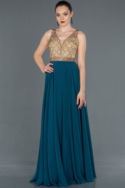 16610 petrol green gold stone embroidered tulle chiffon dress