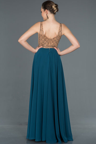16610 petrol green gold stone embroidered tulle chiffon dress