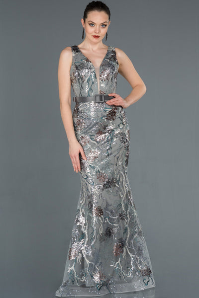 16602 grey green embroidered sequined tulle belt mermaid dress
