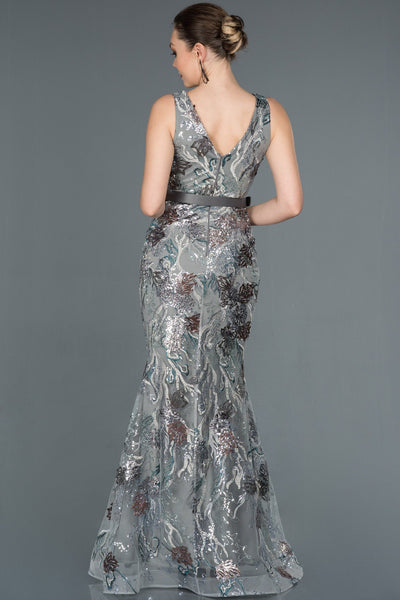 16602 grey green embroidered sequined tulle belt mermaid dress