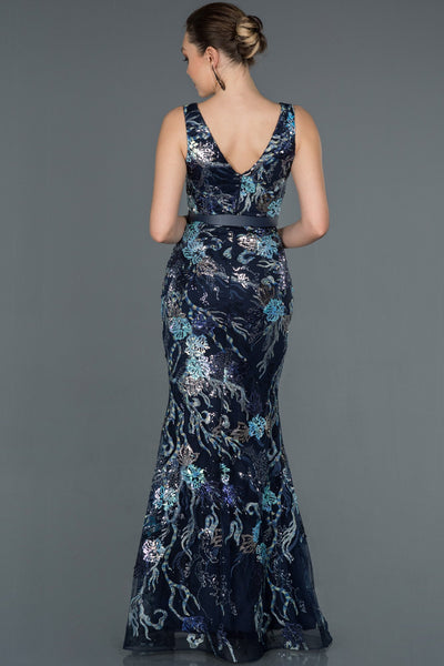  Navy Blue Waistt Detailed Sequins Embroidered Fish Evening Dress ABU1155 