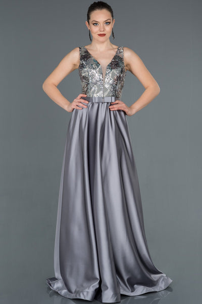  Grey Long Processing Detail Satin Evening Dress ABU1163 