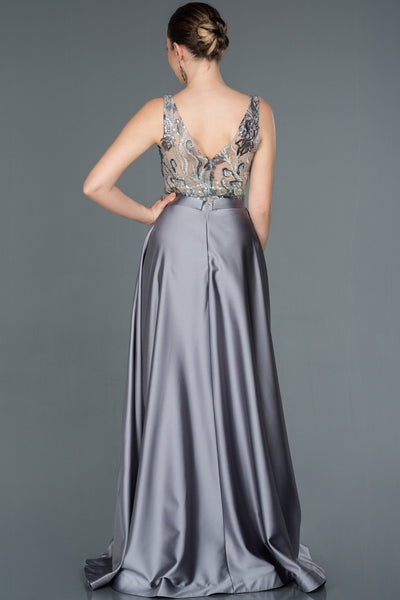  Grey Long Processing Detail Satin Evening Dress ABU1163 