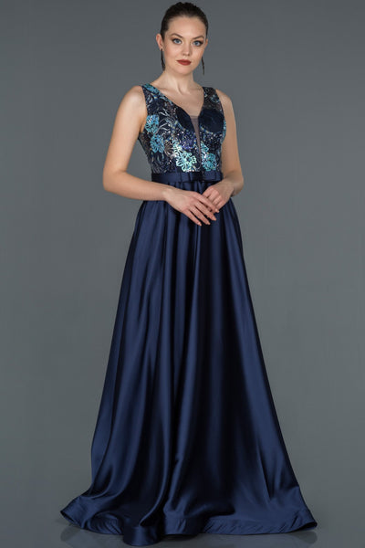  Navy Blue Long Processing Detail Satin Evening Dress ABU1163 