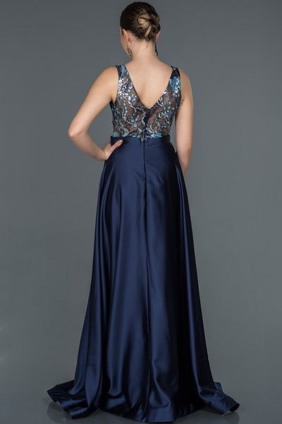  Navy Blue Long Processing Detail Satin Evening Dress ABU1163 