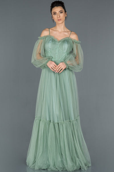  Balloon Sleeve Evening Dress with Mint Collar Ruffle ABU1167 