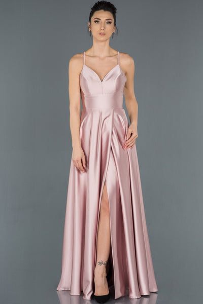16665 Pink Back Cross Strap Satin Slit Dress