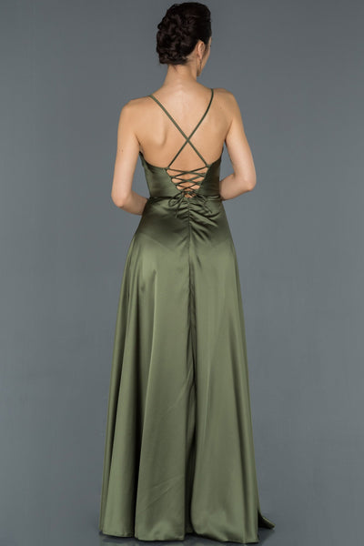  Khaki Leg And Back Decollete Satin Evening Dress ABU1182 