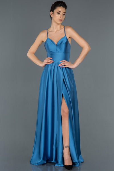  Indigo Leg And Back Decollete Satin Evening Dress ABU1182 