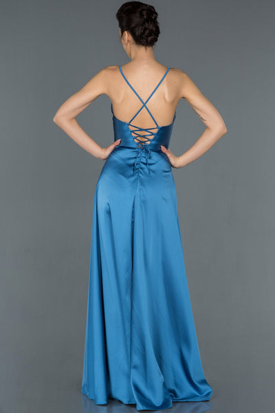  Indigo Leg And Back Decollete Satin Evening Dress ABU1182 