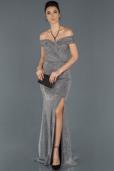 16938 Anthracite Off-Shoulder Shimmer Slit Dress