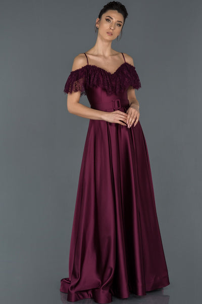  Damson Long Guipure Detailed Satin Evening Dress ABU1185 
