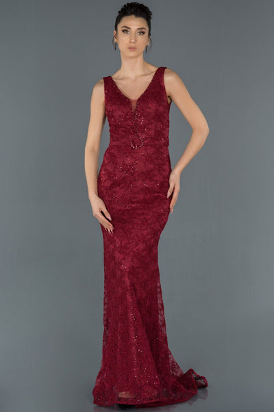  Burgundy Long V Neck Self  Fish Evening Dress ABU982 