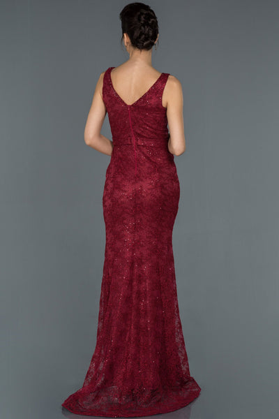  Burgundy Long V Neck Self  Fish Evening Dress ABU982 