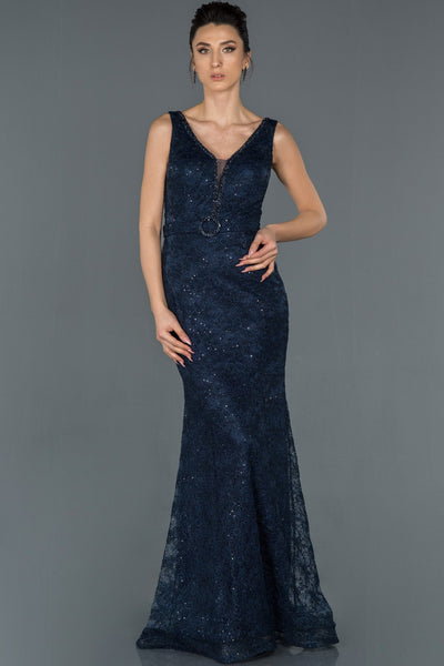  Navy Blue Long V Neck Self  Fish Evening Dress ABU982 