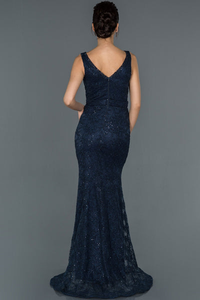  Navy Blue Long V Neck Self  Fish Evening Dress ABU982 