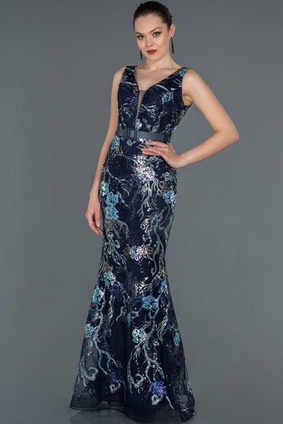  Navy Blue Waistt Detailed Sequins Embroidered Fish Evening Dress ABU1155 