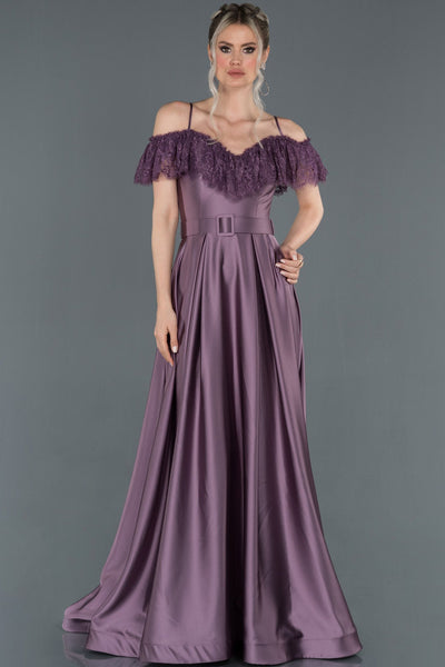  Lavender Long Guipure Detailed Satin Evening Dress ABU1185 