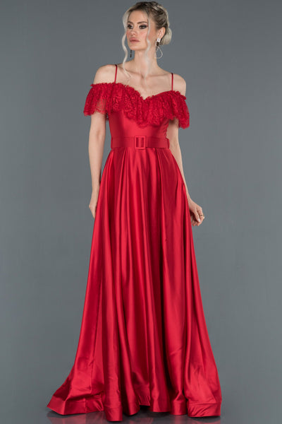  Red Long Guipure Detailed Satin Evening Dress ABU1185 