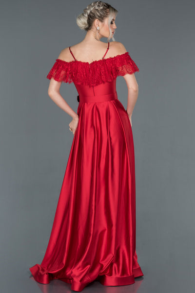  Red Long Guipure Detailed Satin Evening Dress ABU1185 