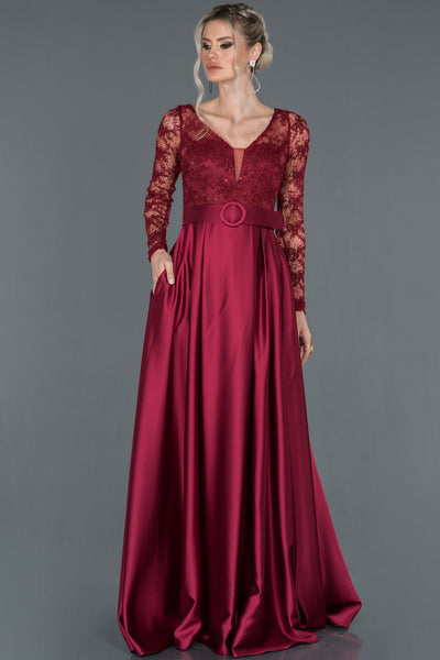 16587 Burgundy Belt Lace Sleeve Satin Gown