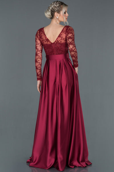 16587 burgundy belt lace sleeve satin gown