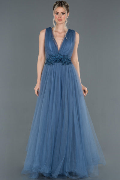  Indigo Long Chest Detachable Tulle Evening Dress ABU950 