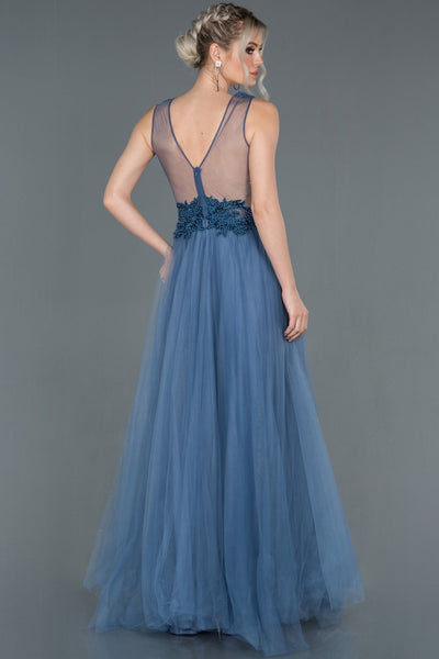  Indigo Long Chest Detachable Tulle Evening Dress ABU950 