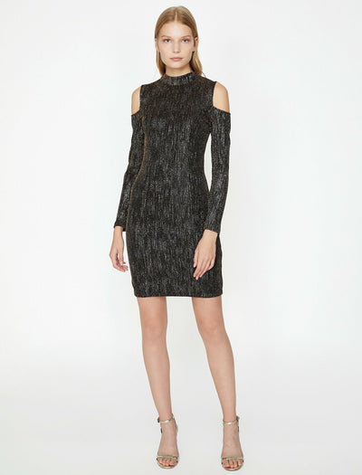 15184 black gold cold shoulder dress