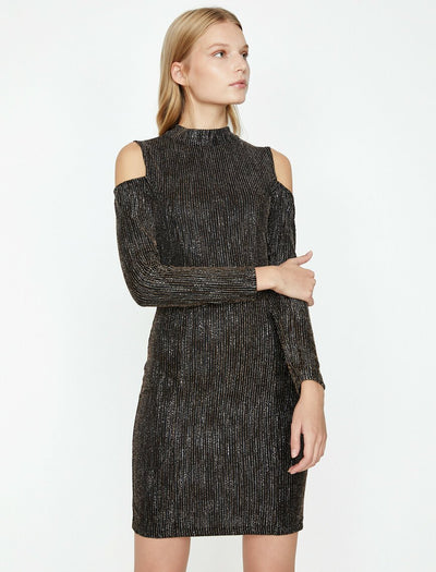 15184 black gold cold shoulder dress