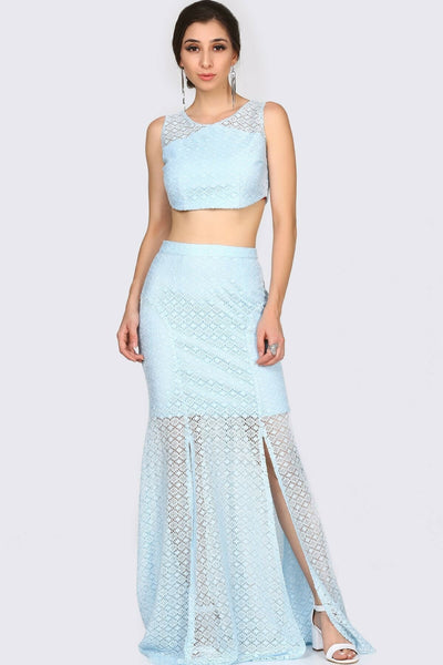 2876 Blue Lace Cropped Top & Slit Skirt