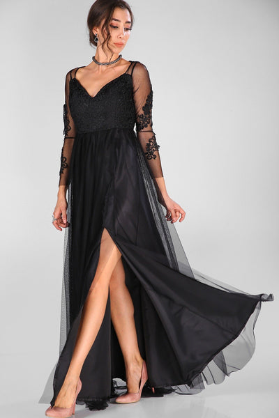 4623 Black Lace Tulle Slit Dress