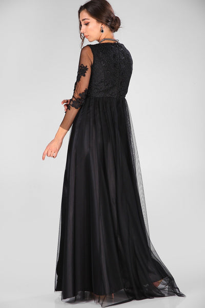 4623 Black Lace Tulle Slit Dress