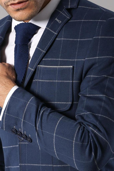 4671 Navy Blue Plaid Patterned Cashmere Blazer