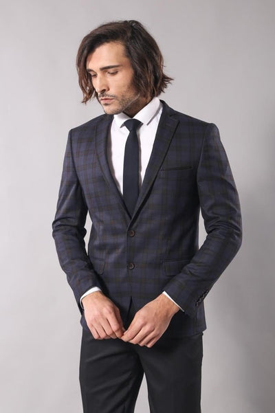 4647 Navy Blue Plaid Handkerchief Pocket Blazer