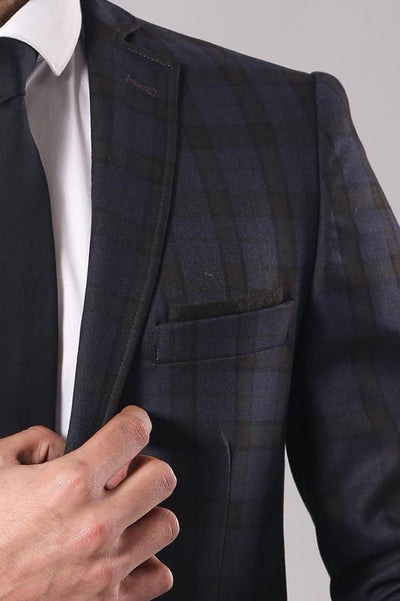 4647 Navy Blue Plaid Handkerchief Pocket Blazer
