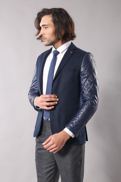 4649 Navy Blue Leathered Sleeve Cashmere Blazer