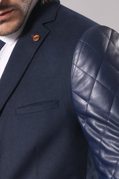 4649 Navy Blue Leathered Sleeve Cashmere Blazer