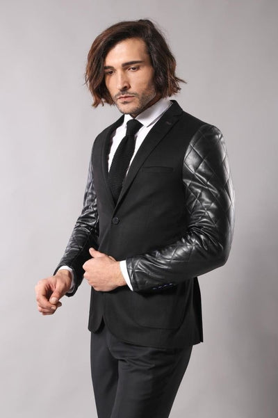 4661 Black Leather Sleeve Quilted Cashmere Blazer