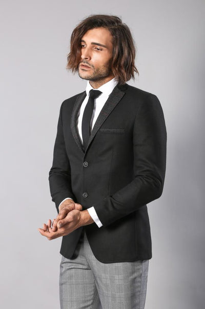 4658 Black Plaided Collar Blazer