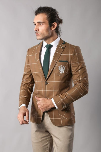 4664 Brown Emblemed Check Blazer